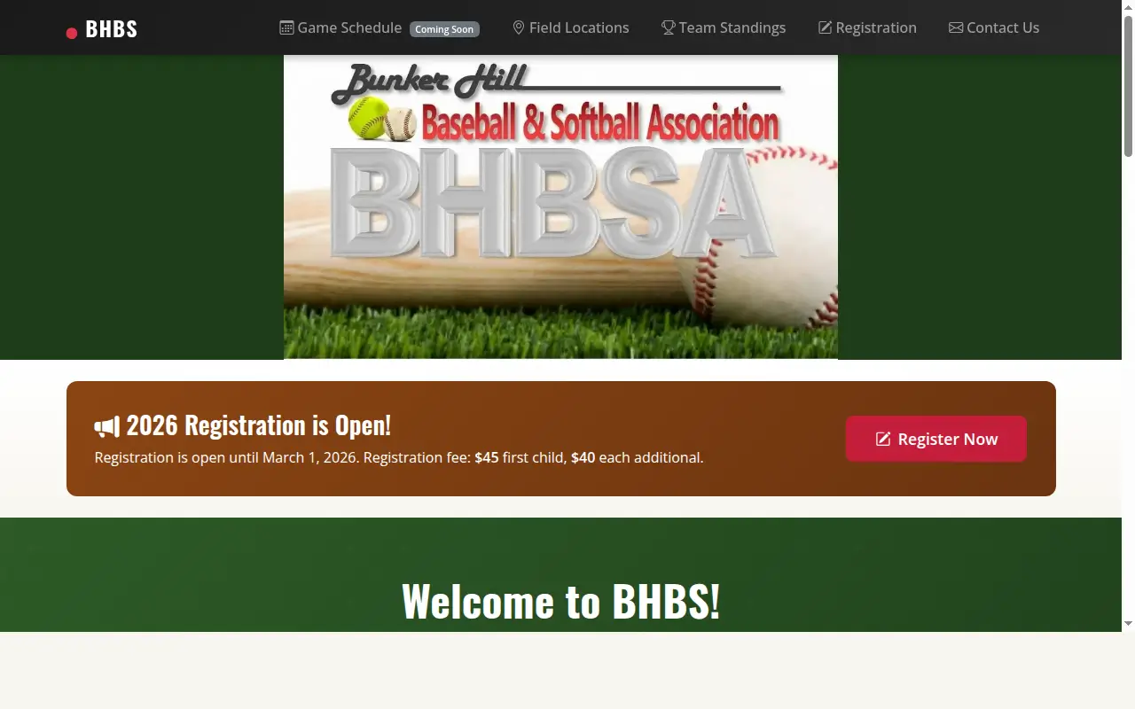 Bunker Hill Baseball & Softball website screenshot